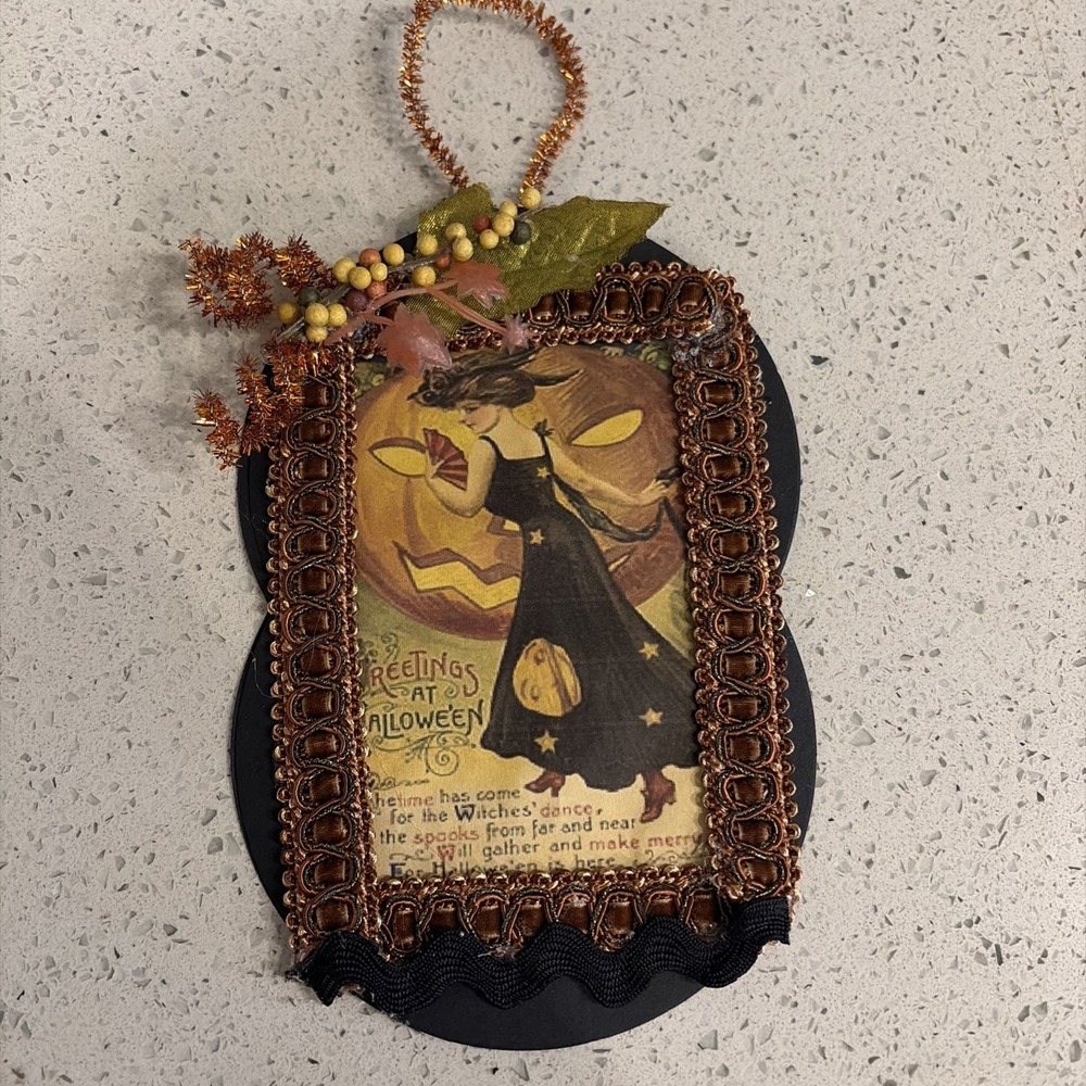 Handmade HALLOWEEN Ornament Victorian Image Witch Greetings Rust Braid OOAK